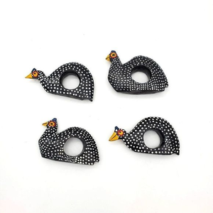 Carved Black Painted‎ Spotted Chicken Wood Napkin Rings Set of 4 Farmhouse Table